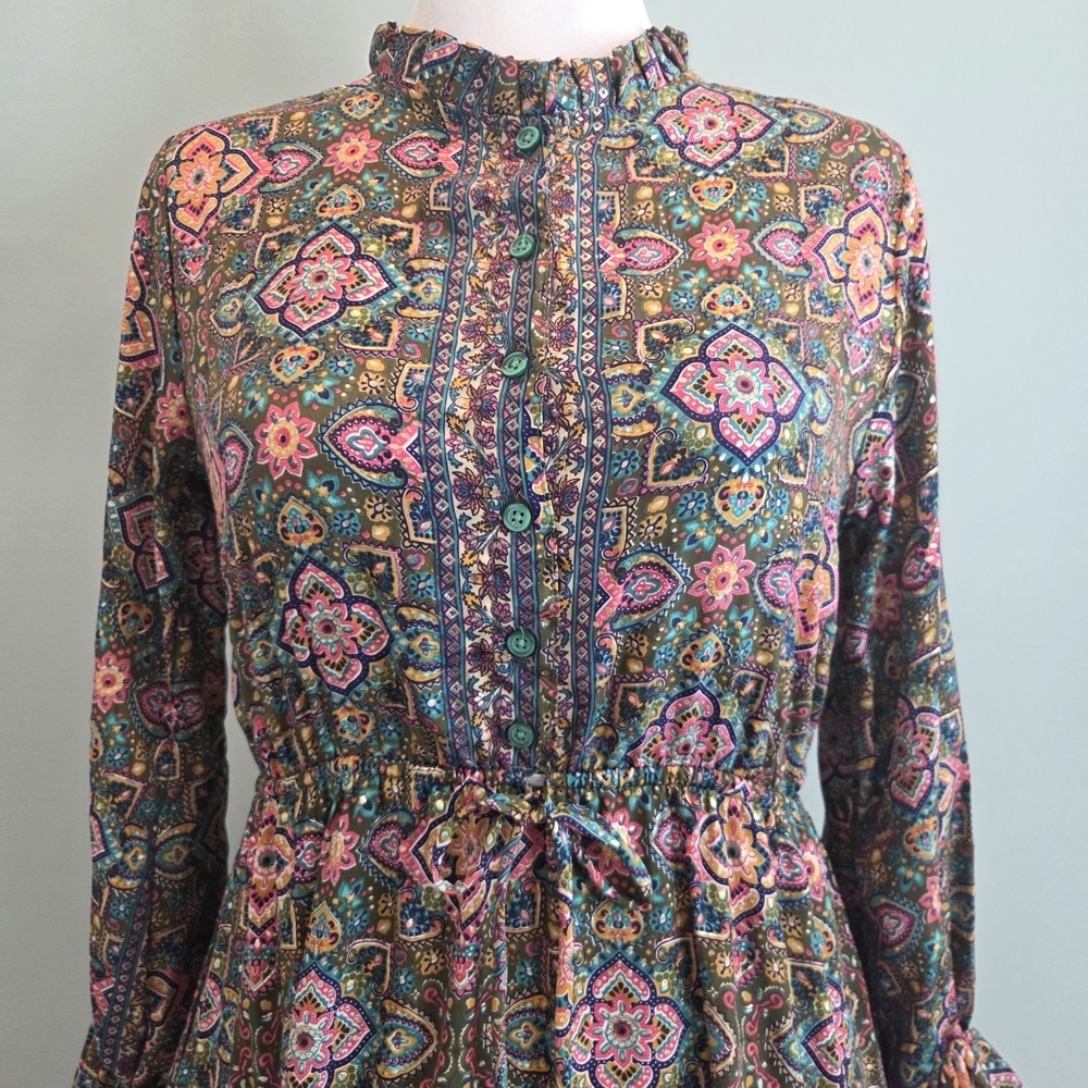 Slayer Black Label Paisley Print Ruffle Dress Long Sleeve Elastic Tie Waist - Picture 5 of 13